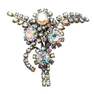 Large Silver Tone Austrian Crystal Aurora Borealis Brooch Vintage